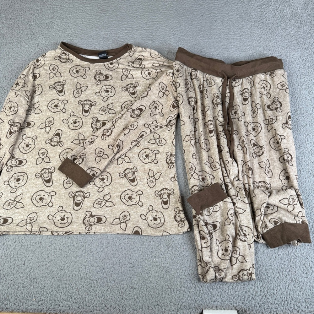 Disney Pajama Set Womens M Tan Winnie the Pooh Tigger Piglet Joggers 2 Piece